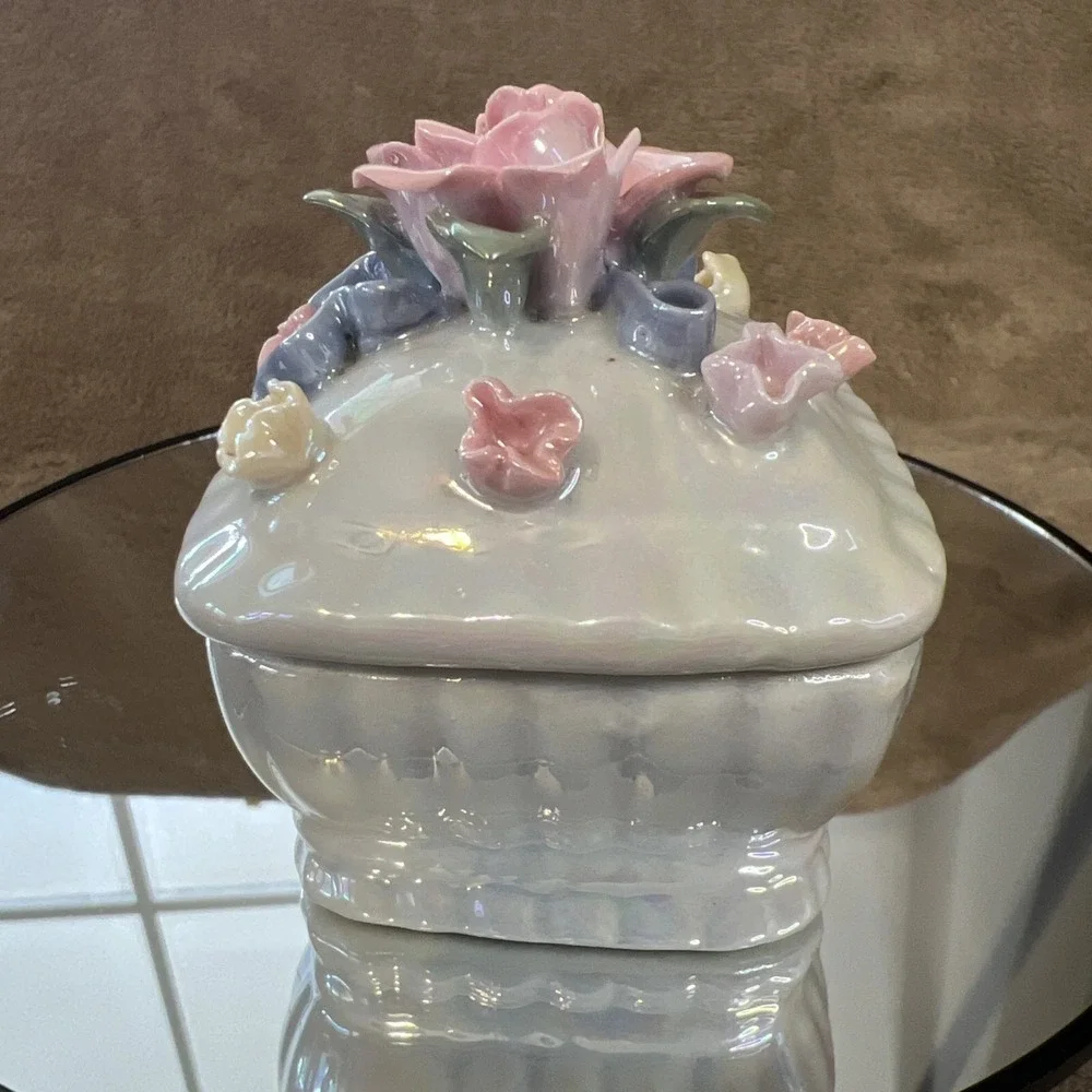 Vintage Lusterware Pink‎ White 3D Roses Trinket Vanity Box 2.5